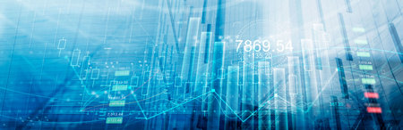 Stock market business and finance graphs and digital indicators on global data networking. Financial analytics, Rate exchange and profit  on blue city background.の写真素材