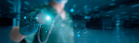 Medicine doctor with stethoscope touching icon medical treatment on digital virtual interface and healthcare network, Doctor online, digital healthcare, Technology of global health.の写真素材