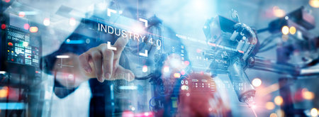 Industry 4.0, software interface of automation manufacturing process of industrial revolution 4.0, Engineer control operation of Robotics arms for smart digital factory production.の写真素材