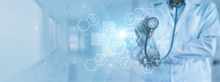 Growth potential for health tech amid demand for health services with more. Medicine doctor with stethoscope touching icon medical networking on modern interface, Medical technology.の写真素材