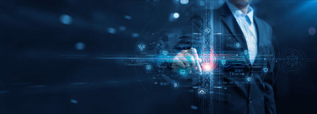 Digital crime and internet network security system, Businessman touch Padlock icon and protecting data personal on interface. Data protection privacy. Security and encryption cybernetics. GDPR. EU.の写真素材