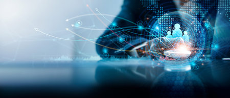 Customer network, Digital marketing. Financial and banking. Businessman using laptop connected to customer and investor on global network with sale data exchange and development of business.の写真素材