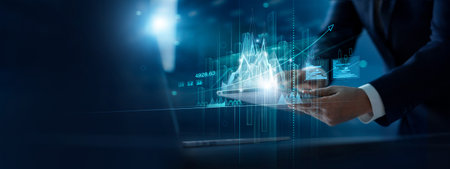 Global business, Banking, Finance and stock, Investor touching of invest graph data growth on business network and investment risk analysis for return of success, strategy and planning investment.の写真素材