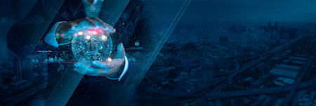 Digital banking, Businessman hold Digital bank on global business network, Finance and banking networking. Fintech and Digital marketing. Viral bank, Customer network and cyber security.の写真素材