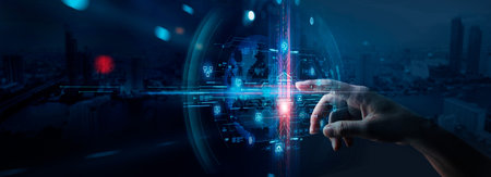 Digital banking, Virtual bank, Online banking and digital money. Man touch Digital virtual bank on network of Financial data and banking and Decentralized Finance, FinTech, cyber security. e-KYC.の写真素材