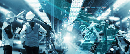 Industry 4.0 modern factory, Project Manager and female engineer  checking and analysis of robotics working in intelligent factory automotive industrial with monitoring system software. Blue tone.の写真素材