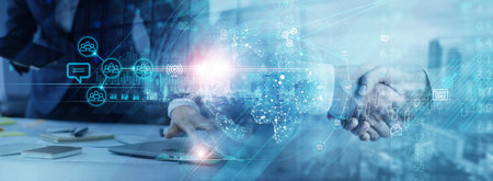 Digital online marketing, Businessman use laptop and analysis sale data economic growth on global digital business network, Business strategy and planning, Data exchange, Partner and Teamwork.の写真素材