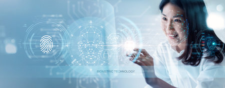 Biometric technology. Biometric authentication security detect human face recognition and fingerprint identification. Secure access system and data privacy protection technology against cyber attack.の写真素材