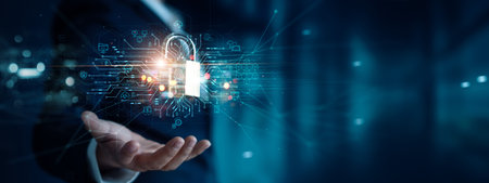 Businessman and fingerprint scanning unlock and access to business data network. Cloud. Biometric identification and cyber security protect business transaction from online digital cyber attack.の写真素材