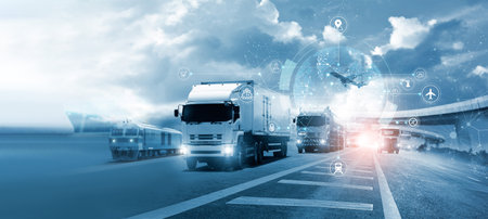 Logistics and transportation, Integrated warehousing and transportation operation service. Network distribution of Container Cargo, Smart logistics and future of transport on global networking.の写真素材