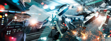 Industrial engineer, Technician manager control robotics on monitoring system software and icon industry network connection on tablet. AI. Automation robot arm machine in smart factory. Industry 4.0の写真素材