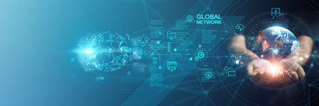 Businessman holding global business network and data exchanges, Innovation of future generation technology, AI. Technology and data connection on Digital networking. Cloud computing.の写真素材