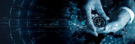 Business navigate recovery, Technology, The compass navigate for businessmen to resume business growth in the economic crisis, Rethink, Reinvent and Recover. Business of future.の写真素材