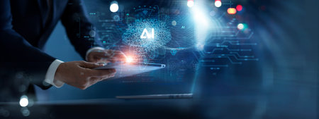 AI Technology. Businessman touch brain working data and Algorithm of Artificial Intelligence in the future business and coding software development synchronize network connection, Data science.の写真素材