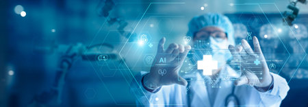 Medical technology, doctor use AI robots for diagnosis, care, and increasing accuracy patient treatment in future. Medical research and development innovation technology to improve patient health.の写真素材