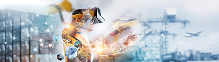 Engineering wear VR glass develop new era of logistics and transportation industry. Innovation and robotic technology allow organization outperform and produce higher quality services than  competitorの写真素材