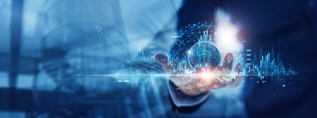 Finance business investment strategy and banking solution network. Financial innovation technology driving economic growth allow customer access financial service and manage money in digital world.の写真素材