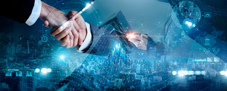 Businessman handshake for success deal in business merger and acquisition, development opportunity achievement as business partnership and consolidate growth capacity organization and teamwork.の写真素材