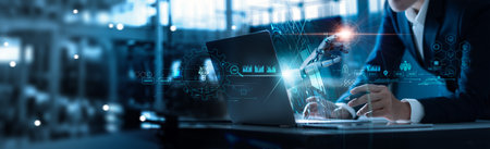 Businessman working with AI. Robot of business technology on data network to adapt implement new policies and technology to effectively. Enhance stay competitive, Data exchange and machine learningの写真素材