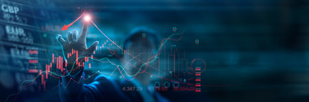 Stock collapse, economic crisis stock chart falling down, business global finance bankruptcy, Business crash, Businessman touch arrow broke off down, Crisis, recession, economic decline concept.の写真素材