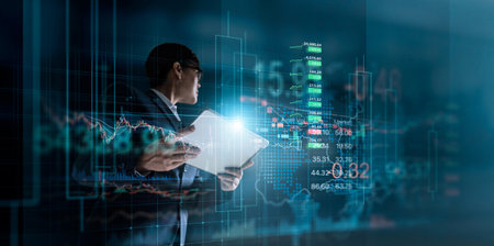 Businessman analysis sales data graph indicators and business growth currency stock and investment...