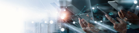 New age people use smart phones to communicate on global networks connection, including business, finance, banking shopping online and social media,Technology, innovative and communication concept.の写真素材