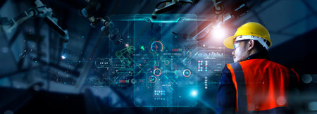 Industry 4.0, Industrial Engineer working with Smart industry automation robot arms for digital factory production technology on real time interface monitoring system software. Industrial revolutionの写真素材