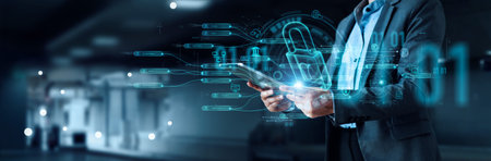 Business and Data Protection, Biometric security identify, face recognition online access business data. Cyber security technology prevent unauthorized access and protect business significant data.の写真素材