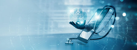 Doctor online, Professional doctor giving consultation online on global network, Connect communication with patient, Virtual medical consultation on interface, Healthcare and medical technology.の写真素材
