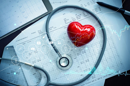 Red heart shape with stethoscope and patient heartbeat report and Healthcare business data graph growth, Cardiologist, Medical investment and Medicine business.の写真素材