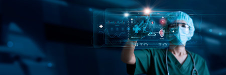 Cardiologist Doctor, Surgeon analyzing patient heart testing result and human anatomy on digital futuristic virtual interface, Digital holographic, AI, Technology, innovation in science and medicine.の写真素材