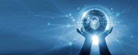 Cyber security. Data Protection. Confidential. Business privacy on global digital space networking. Technology smart solution from cyber attack. Blue tone.の写真素材