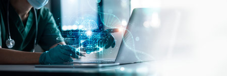 Medicine doctor touching electronic medical record on laptop. Neurology, Brain, DNA. Digital healthcare and network connection on hologram modern interface, Medical technology and futuristic concept.の写真素材