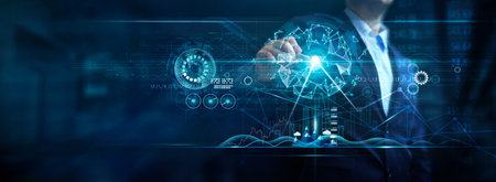 Businessman draw growth graph and progress of business and analyzing financial and investment data on global network, business planning and strategy on dark blue background.の写真素材