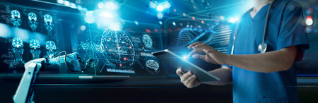 Healthcare and medical, Doctor and robotics research diagnose Human brains scan. Record and report with modern virtual interface, alzheimer's and parkinson, science, Innovation and Medical technologyの写真素材