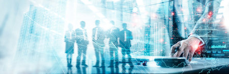 Global business financial investment and digital marketing collaboration. Businessman online analyzing data exchange with partner network. Teamwork. International business management and strategy.の写真素材