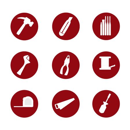 Mechanic tools icons. Difference nine types of equipment. Vector icon of technician, carpenter, construction workerのイラスト素材
