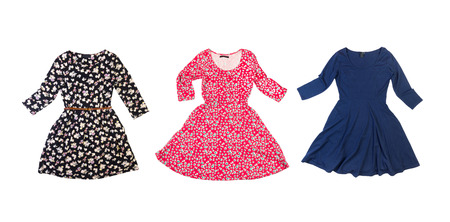 Set of cute colorful dresses for summer and spring wardrobe isolated on white backgroundの写真素材