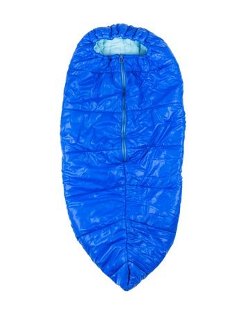 Blue Children's sleeping bag for camping, hiking, traveling isolated on white backgroundの写真素材