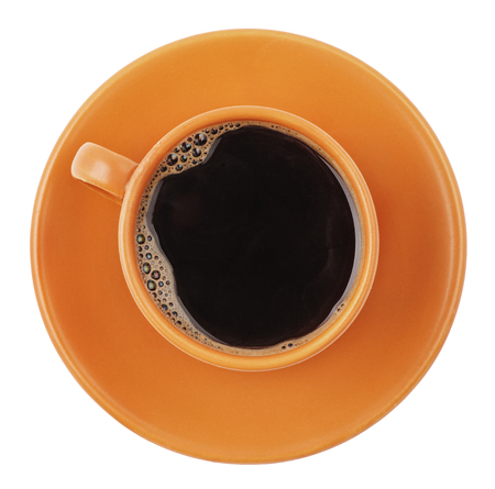 black coffee in brown cup closeup isolated on white background top viewの写真素材