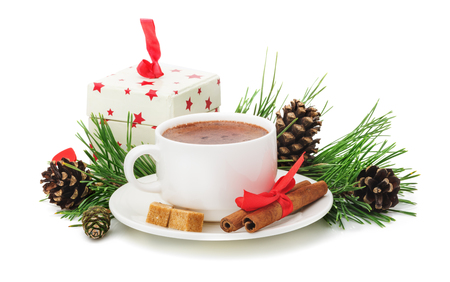 Greeting Card Merry Christmas, Happy New Year, the composition of the hot chocolate, gift, cinnamon, pine cones, pine twigs isolated on white backgroundの写真素材