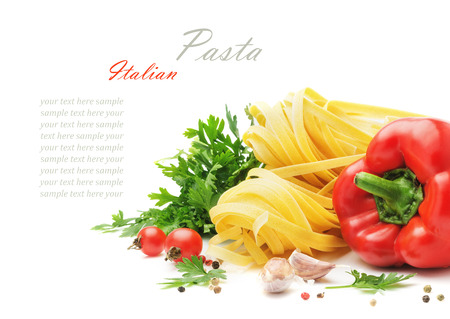 Ingredients for cooking pasta, Italian food, raw uncooked Tagliatelle, vegetables and spices isolated on white backgroundの写真素材