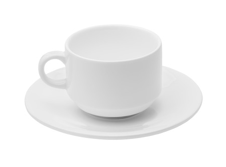 Empty white ceramic coffee or tea cup and saucer isolated on a white background close-up, crockery, cutleryの写真素材