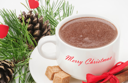 cup of hot chocolate with the words Merry Christmas,  twigs and pine cones, cinnamon sticks, cane sugar,  closeupの写真素材