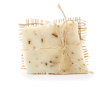 Eco natural organic handmade soap closeup isolated on white backgroundの写真素材