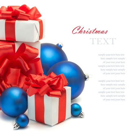 Christmas gifts and decorations for Christmas trees ,  New Years composition, space for textの写真素材