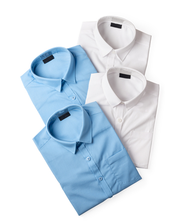 set of white and blue male shirts isolated on white background closeupの写真素材