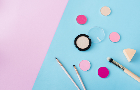 set of decorative cosmetics, top view, free spaceの写真素材