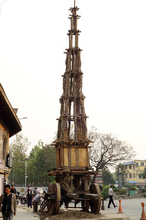Khatmandu, Nepal - April 11? 2016: Wooden chariot of the Hindus on the streetのeditorial素材