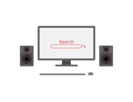 Worktable computer monitor with speakers and search in flat, vectorのイラスト素材